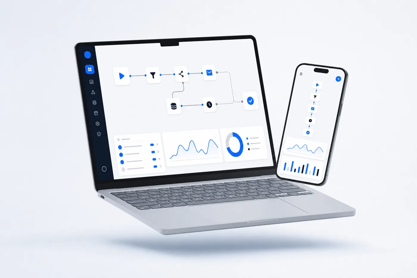 A laptop and phone showing a workflow dashboard built by Orb Solutions